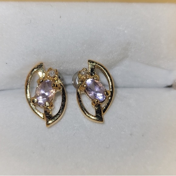 Oval Lilac/Pink Gem & a Round Clear Gemstone Earrings - Picture 2 of 5